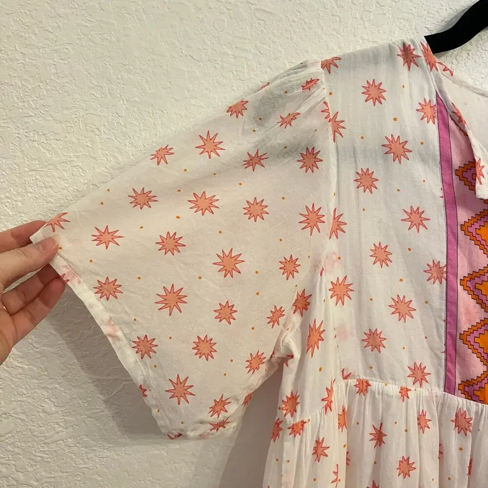 Marea Tiki Dress S Mini Starburst Aztec Print Beachy Coverup Boho Resort‎ White